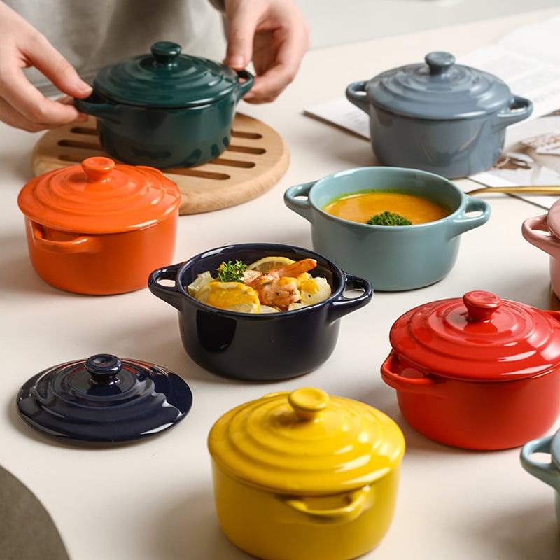 Vas ceramic pentru baie în apă cu capac, oală mică de supă cu două mânere, pentru uz casnic, ideal pentru cuib de păsări și ouă la abur