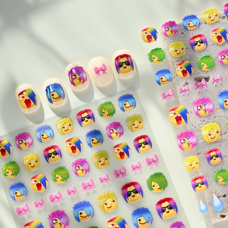 Moderne naljepnice za nokte s cartoon emoji, M1316, šareni gradient avatara dizajn