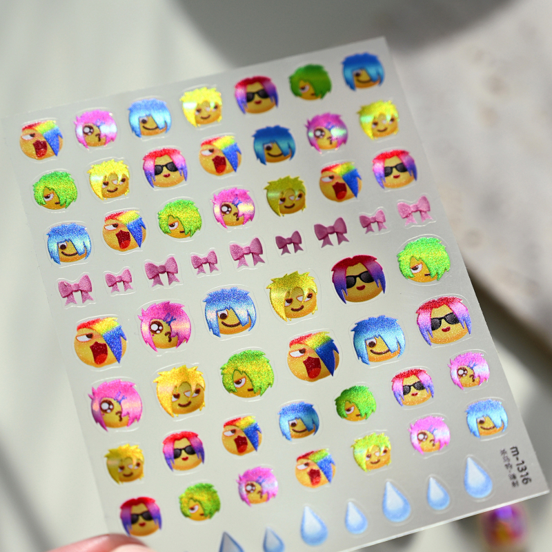 Moderne naljepnice za nokte s cartoon emoji, M1316, šareni gradient avatara dizajn