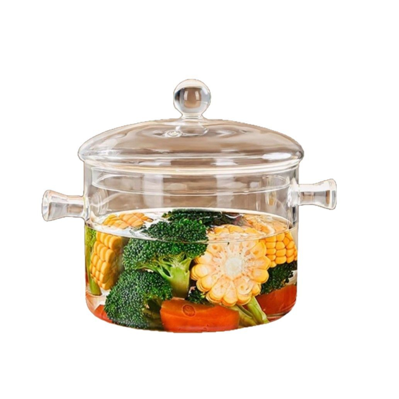 Oală din sticlă borosilicată, rezistentă la temperaturi înalte și la flacără deschisă, mică oală de lapte și oală de supă transparentă, potrivită pentru aragaz cu gaz sau plită ceramică, 1–2 L