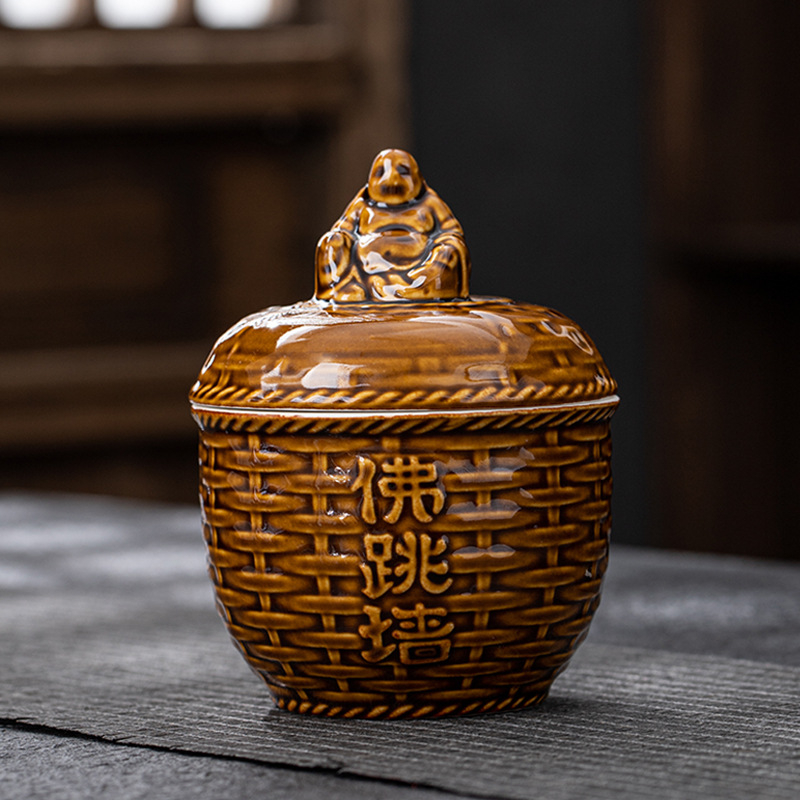 Oală ceramică Buddha Jumps Over the Wall, mică, cu capac, pentru uz comercial