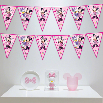 Banner Minnie triunghiuri, decor roz pentru prima zi de naștere a fetei