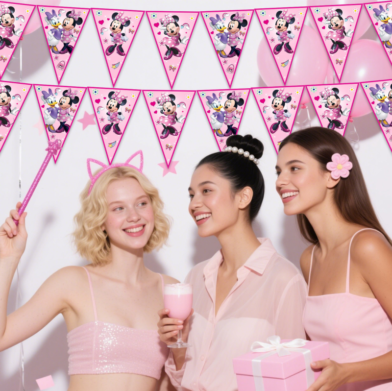Banner Minnie triunghiuri, decor roz pentru prima zi de naștere a fetei
