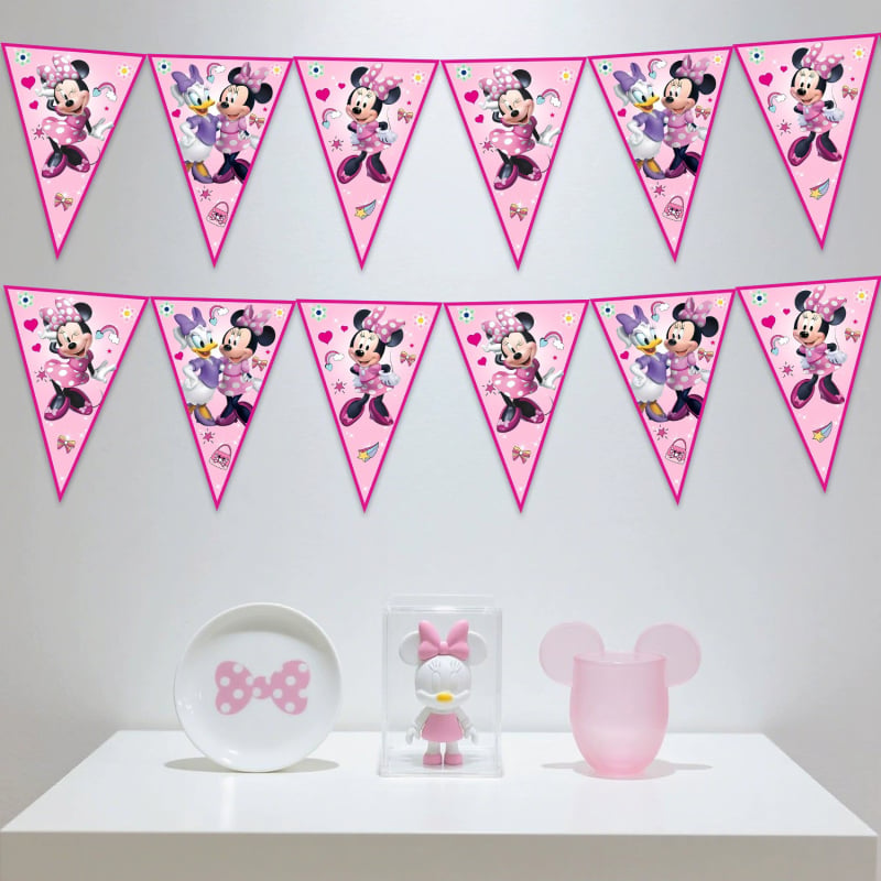 Banner Minnie triunghiuri, decor roz pentru prima zi de naștere a fetei