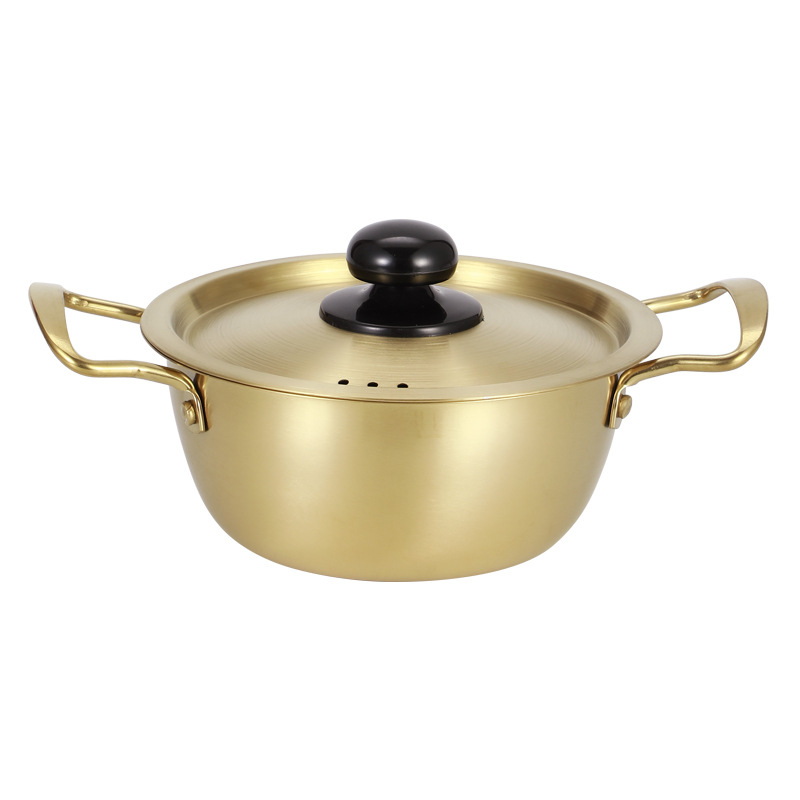 Oală din oțel inoxidabil, stil coreean, pentru tăiței instant, cu două mânere, oală mică de supă pentru o porție, compatibilă cu aragaz pe gaz și plită cu inducție