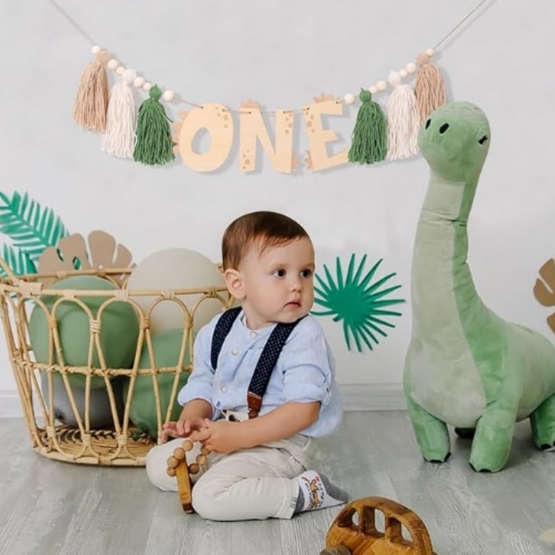 Banner din lemn pentru aniversarea bebelușului, cu dinozaur, panglici cu litere pentru camera copiilor