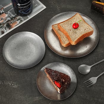 Farfurie de desert din oțel inoxidabil 304, farfurie pentru prăjituri și farfurie rotundă plată în stil industrial vintage pentru cafenea și bucătărie occidentală, farfurie pentru carne la grătar.