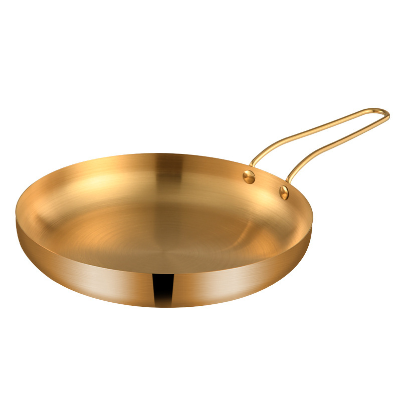 Koreai stílusú kerek rozsdamentes acél tál fogantyúval, arany színű, 18–19 cm átmérő, steakhez, barbecue-hoz és desszertekhez