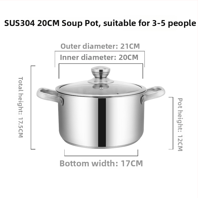 Oală de supă din oțel inoxidabil 304, grosime mare, pentru uz casnic, design modern, capac din sticlă, compatibilă cu plita pe gaz, destinată hranei pentru bebeluși