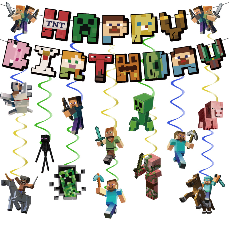 Minecraft pandantiv spiralat pentru petrecere de naștere – decor banner Pixel Wars