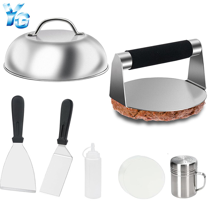 Set de unelte pentru grătar din oțel inoxidabil, cu spatulă de gătit, spatulă pentru grătar și capac