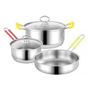 Set de vase din oțel inoxidabil, 3 piese: oală pentru lapte 18 cm, oală pentru supă 22 cm, tigaie 24 cm, capac din sticlă