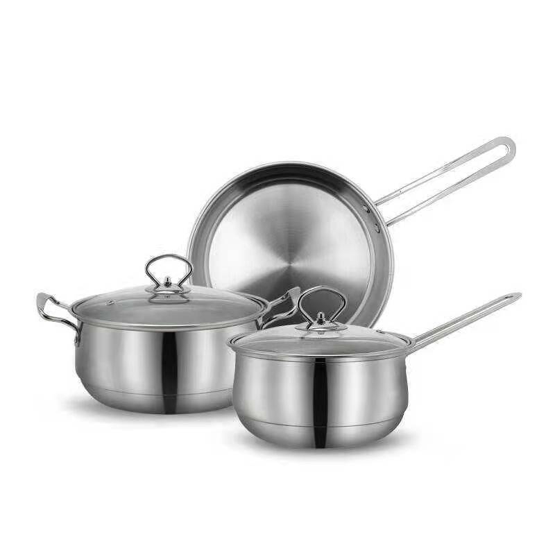 Set de vase din oțel inoxidabil, 3 piese: oală pentru lapte 18 cm, oală pentru supă 22 cm, tigaie 24 cm, capac din sticlă