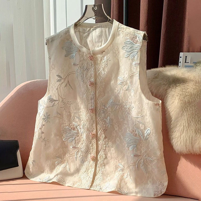 Ženska vesta u novom kineskom stilu s retro vezom i organza čipkom, bez rukava, slojevita za proljeće