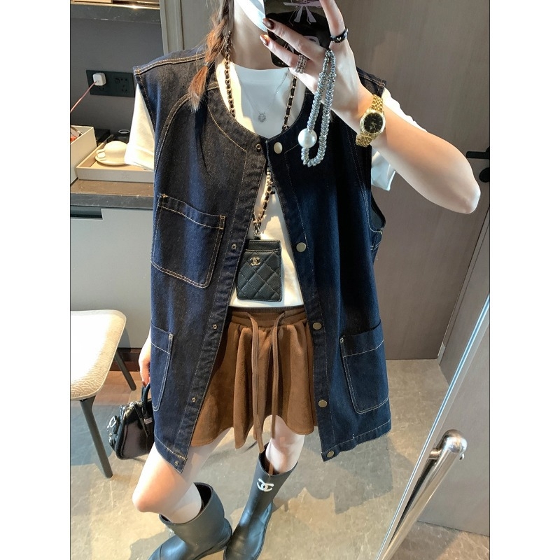 Denim mellény több zsebes, retró stílus, kerek nyak, laza szabás, rétegzett megjelenés