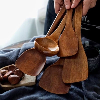 Unique spatulă de bucătărie cu mâner lung din lemn, lingură din lemn și spatulă pentru orez, design înclinat, rezistentă la temperaturi înalte, pentru uz casnic