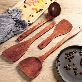 Unique spatulă de bucătărie cu mâner lung din lemn, lingură din lemn și spatulă pentru orez, design înclinat, rezistentă la temperaturi înalte, pentru uz casnic