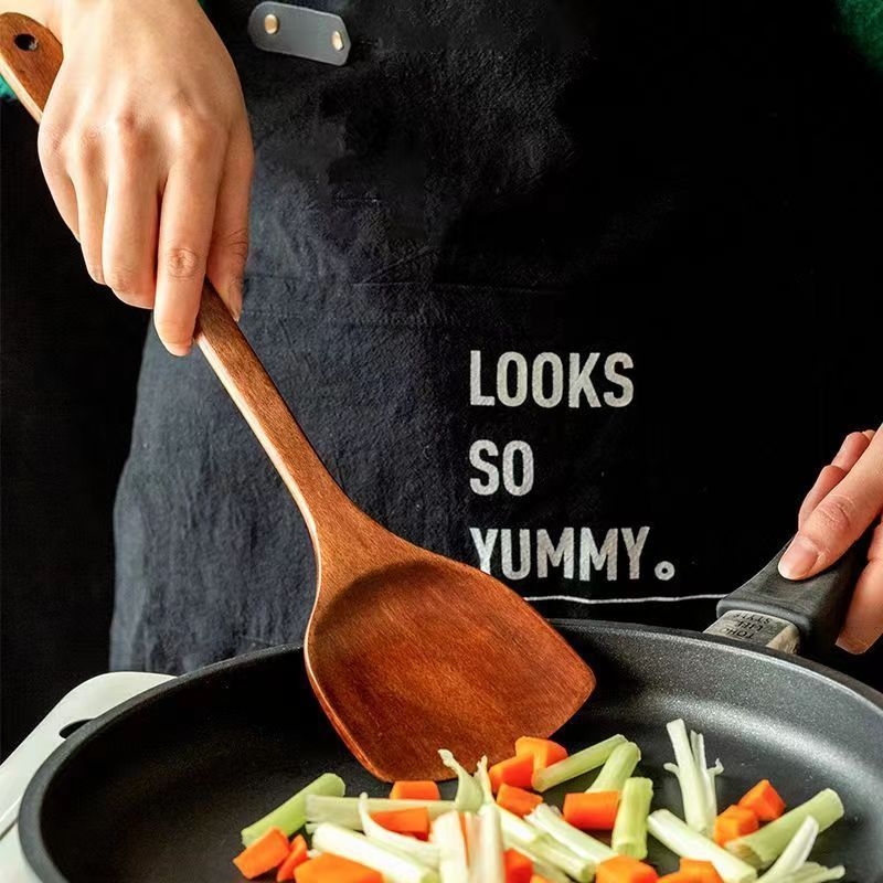 Unique spatulă de bucătărie cu mâner lung din lemn, lingură din lemn și spatulă pentru orez, design înclinat, rezistentă la temperaturi înalte, pentru uz casnic