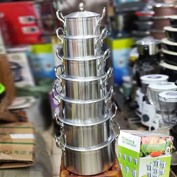 Set de vase de bucătărie din aluminiu, 7 piese, cu capace din oțel
