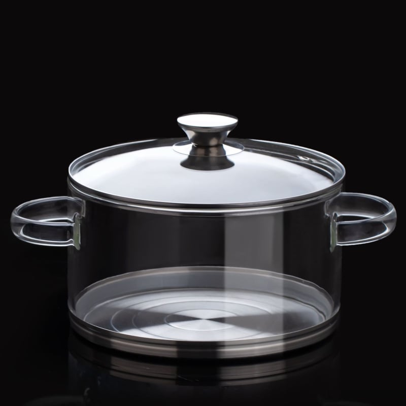 Oală de supă din sticlă borosilicată, cu fund din oțel inoxidabil și mâneri duble