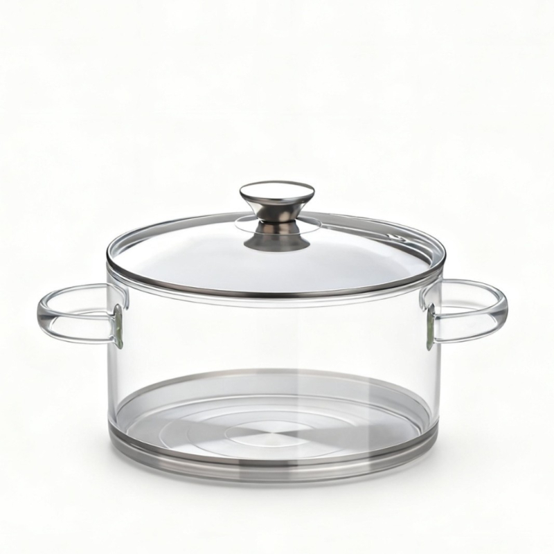 Oală de supă din sticlă borosilicată, cu fund din oțel inoxidabil și mâneri duble