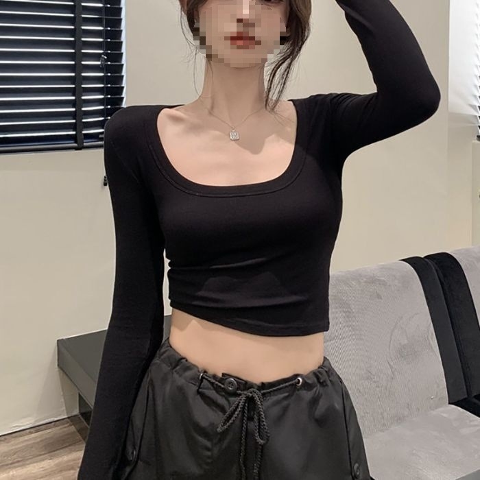 Seksi ženski T-shirt s U izrezom, cropped dugi rukavi, uska silueta, proljetni vintage stil