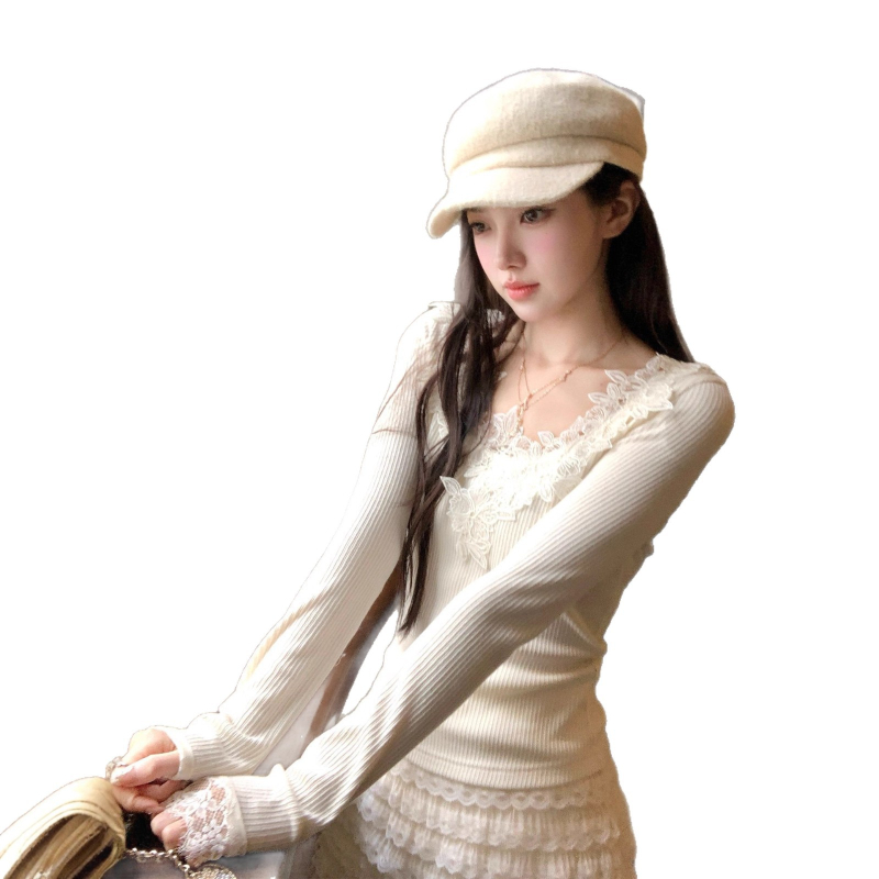 Ženski top s U izrezom, 3D cvjetnim uzorkom, slim fit, jesensko-zimski francuski stil