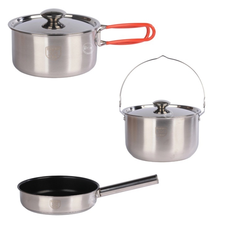 Set de vase de exterior din oțel inoxidabil 304: oală, ceainic, tigaie, oală de gătit, oală de lapte și oală agățată