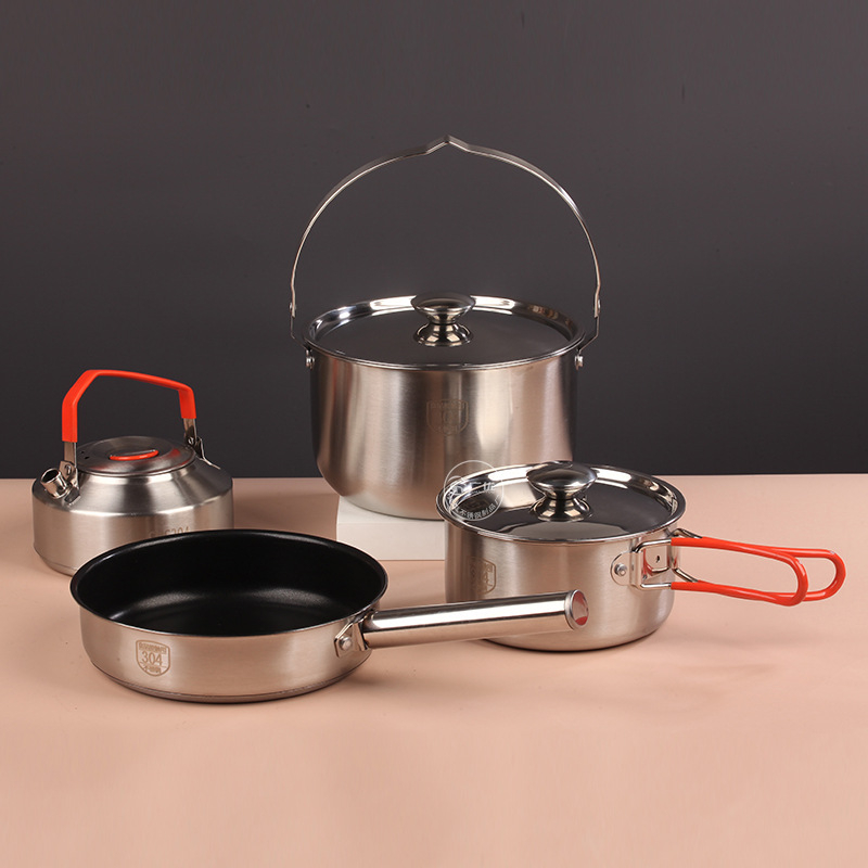 Set de vase de exterior din oțel inoxidabil 304: oală, ceainic, tigaie, oală de gătit, oală de lapte și oală agățată
