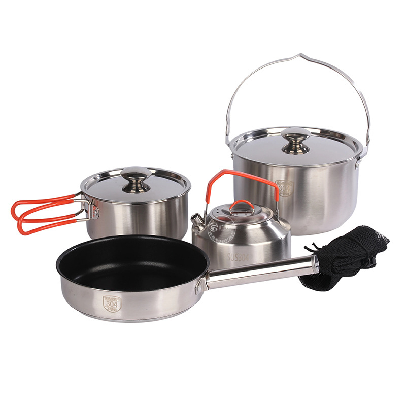 Set de vase de exterior din oțel inoxidabil 304: oală, ceainic, tigaie, oală de gătit, oală de lapte și oală agățată