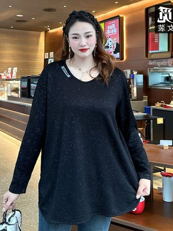 Plus-size ženska majica s V-izrezom, širokog kroja, dugi rukavi, srednje dužine, za proljeće i jesen