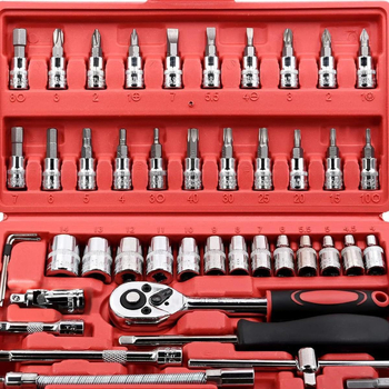 Set de scule auto, 46 piese, chei cu clichet, capete pentru șuruburi și biți, oțel crom-vanadiu