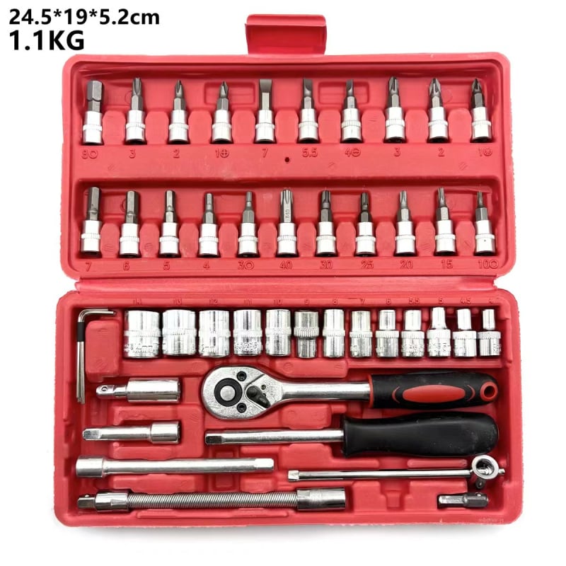 Set de scule auto, 46 piese, chei cu clichet, capete pentru șuruburi și biți, oțel crom-vanadiu