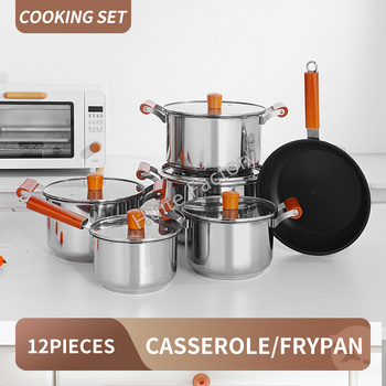 Set de vase din oțel inoxidabil cu mâner din lemn – set complet de oale și tigăi