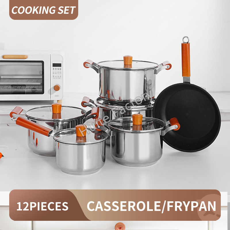 Set de vase din oțel inoxidabil cu mâner din lemn – set complet de oale și tigăi