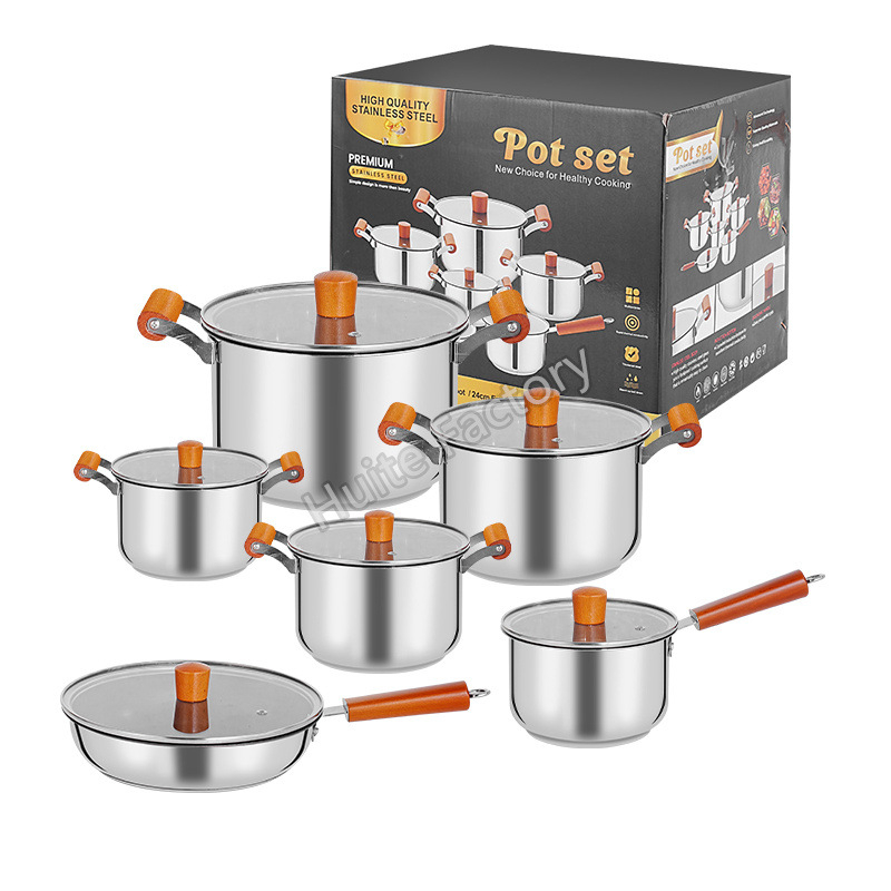 Set de vase din oțel inoxidabil cu mâner din lemn – set complet de oale și tigăi