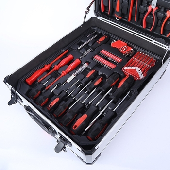 Set de unelte din oțel carbon, 187 piese, în husă din aluminiu, cu chei cu soclu și altele pentru reparații auto și mecanice