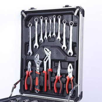 Set de unelte din oțel carbon, 187 piese, în husă din aluminiu, cu chei cu soclu și altele pentru reparații auto și mecanice