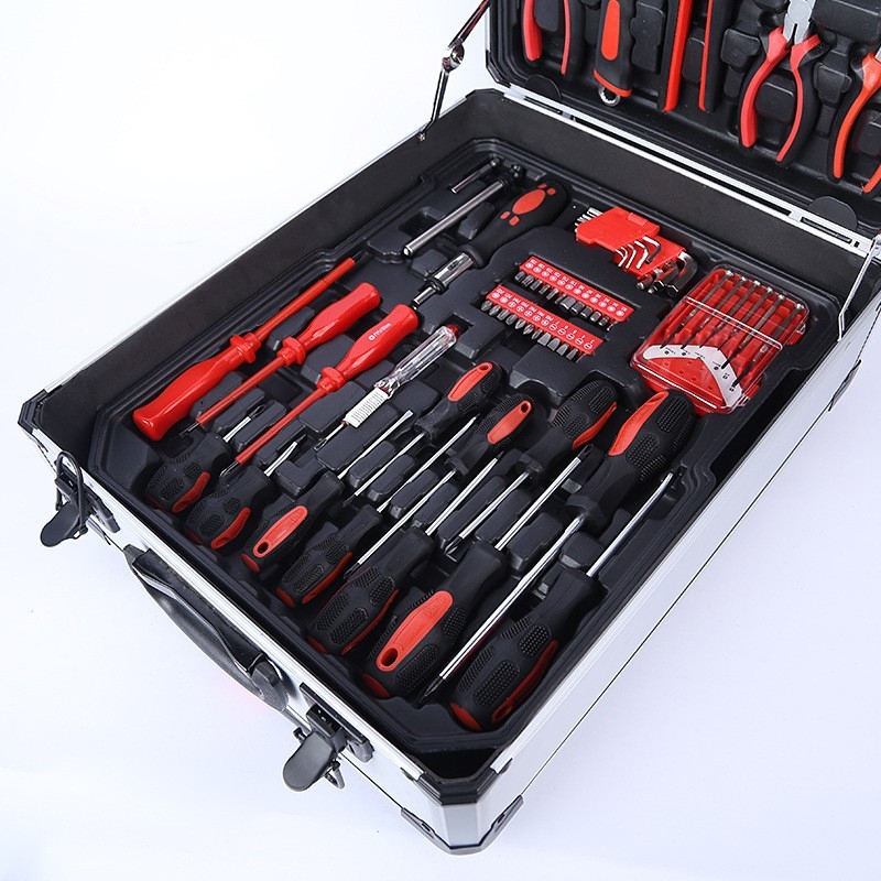 Set de unelte din oțel carbon, 187 piese, în husă din aluminiu, cu chei cu soclu și altele pentru reparații auto și mecanice