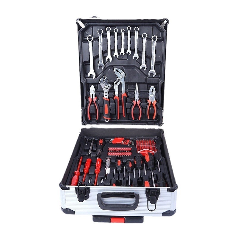 Set de unelte din oțel carbon, 187 piese, în husă din aluminiu, cu chei cu soclu și altele pentru reparații auto și mecanice