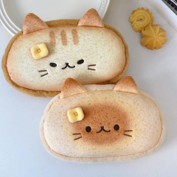Penar din pluș în formă de toast cu pisică, capacitate mare, design drăgălat în stil japonez