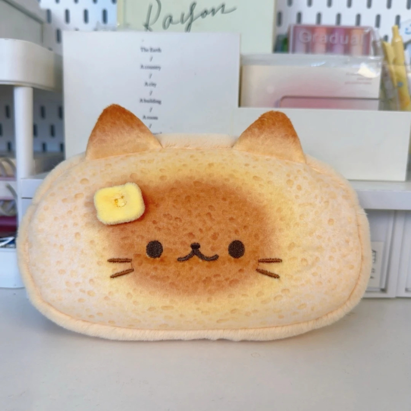 Penar din pluș în formă de toast cu pisică, capacitate mare, design drăgălat în stil japonez