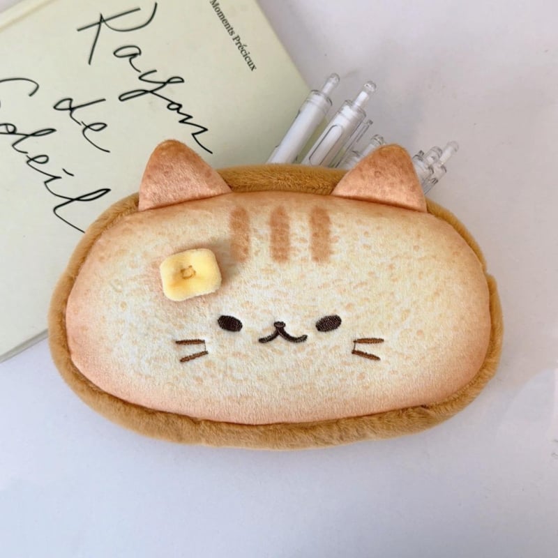 Penar din pluș în formă de toast cu pisică, capacitate mare, design drăgălat în stil japonez