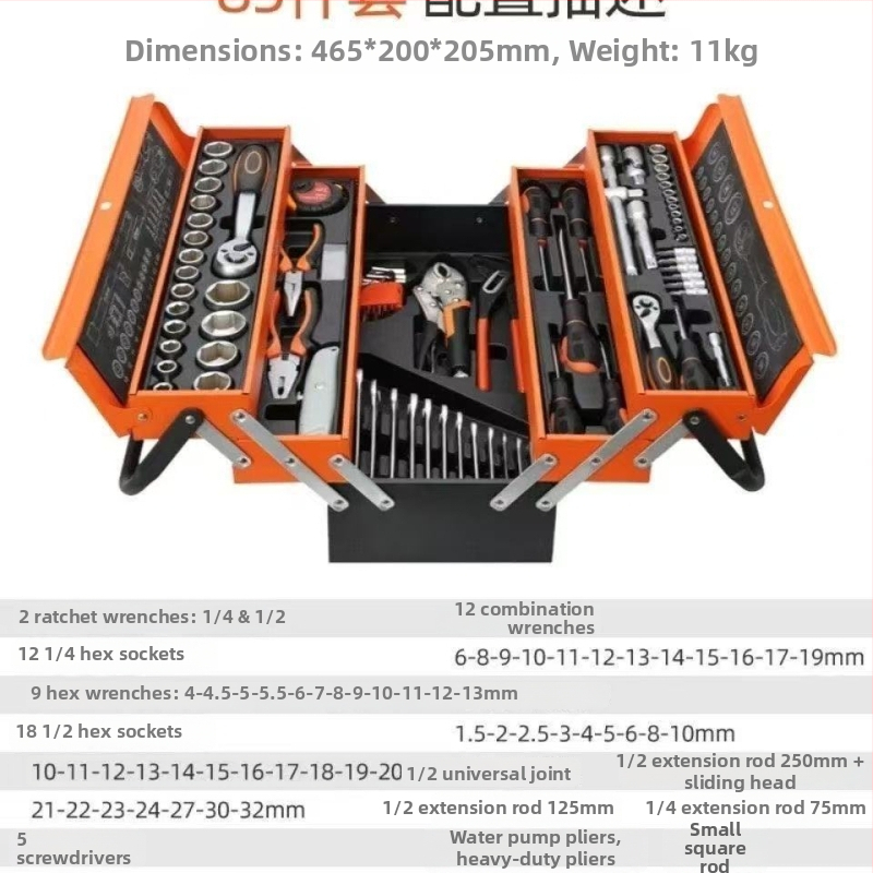 85-dielny trojvrstvový sklopný box na nástroje s ratchet wrench pre opravy auta – viacúčelový set