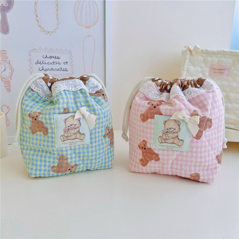 Sac de depozitare cu șnur, cu ursuleț drăguț, căptușit, pentru machiaj și obiecte mici – decorativ, lucrat manual