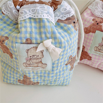 Sac de depozitare cu șnur, cu ursuleț drăguț, căptușit, pentru machiaj și obiecte mici – decorativ, lucrat manual