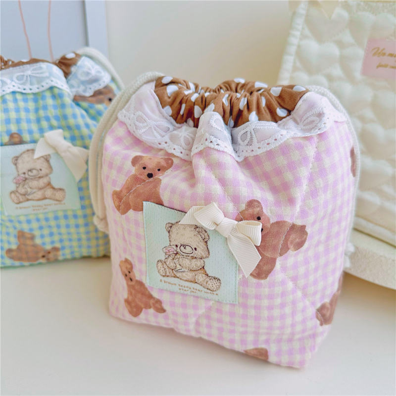 Sac de depozitare cu șnur, cu ursuleț drăguț, căptușit, pentru machiaj și obiecte mici – decorativ, lucrat manual