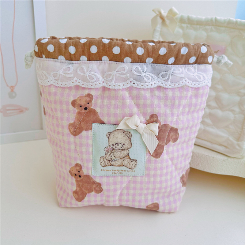 Sac de depozitare cu șnur, cu ursuleț drăguț, căptușit, pentru machiaj și obiecte mici – decorativ, lucrat manual