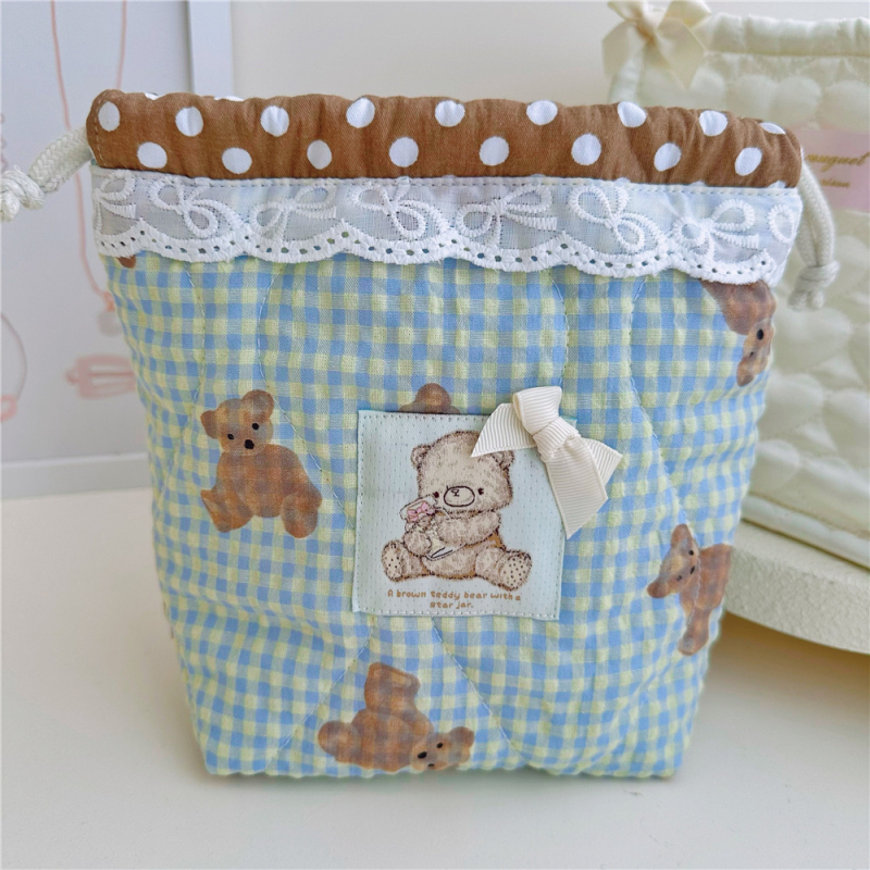 Sac de depozitare cu șnur, cu ursuleț drăguț, căptușit, pentru machiaj și obiecte mici – decorativ, lucrat manual