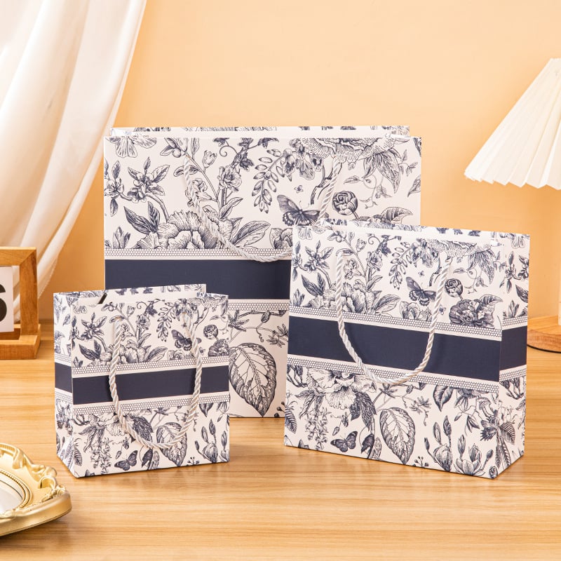 Geantă de cadouri din hârtie cu mâner, design floral retro, aspect premium, pentru ambalarea hainelor și a cadourilor, cu logo